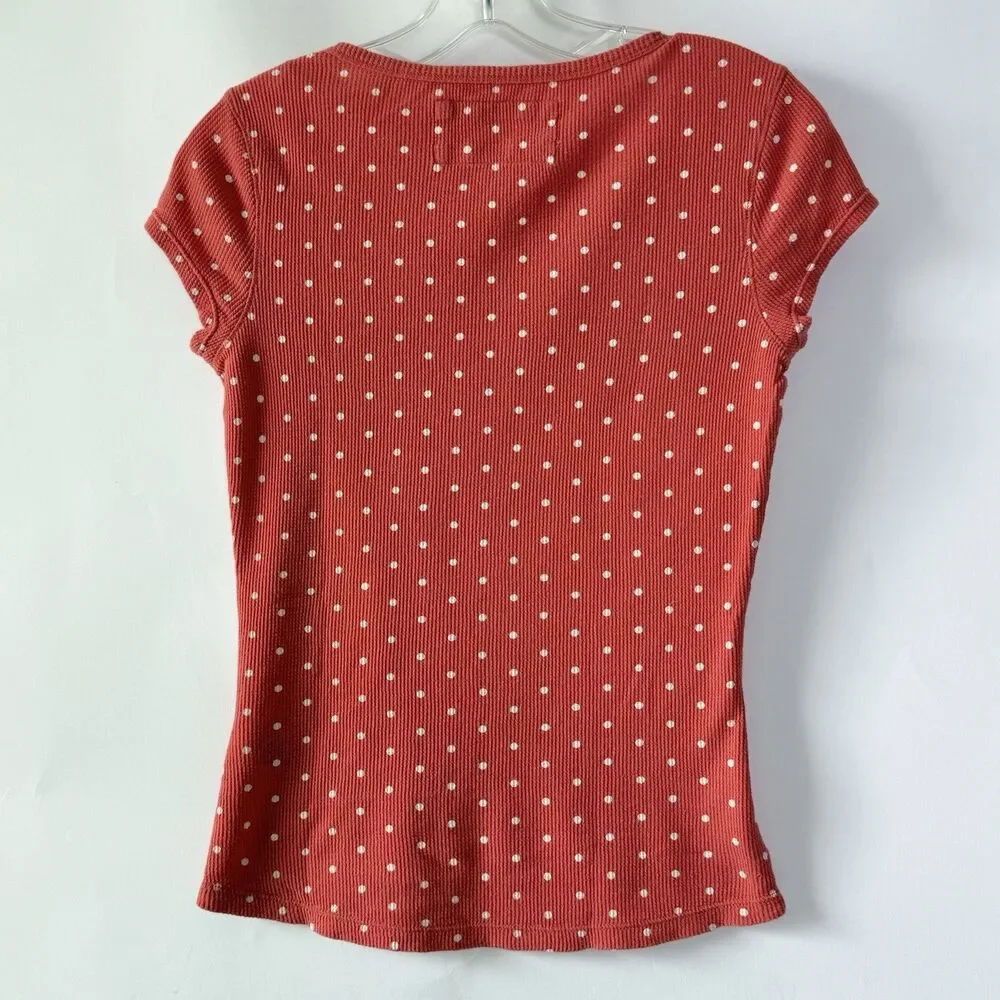 Aeropostale Girls L Orange Polka Dot Henley Waffle Weave Crew Shirt Embroidered